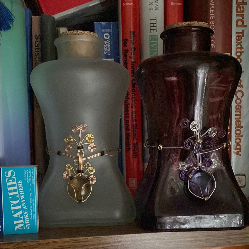 Decorative  vintage Glass Bottles with Wire Design - Frosted and Dark Cranberry